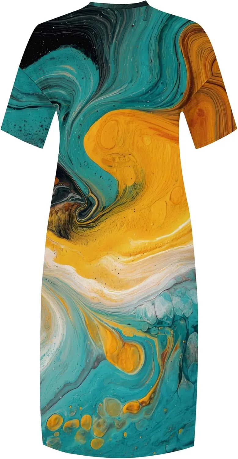 Women's Plus Size African Print Dresses Casual Loose Pocket Short Sleeve Long Maxi Dress