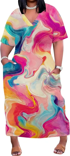 Women's Plus Size African Print Dresses Casual Loose Pocket Short Sleeve Long Maxi Dress