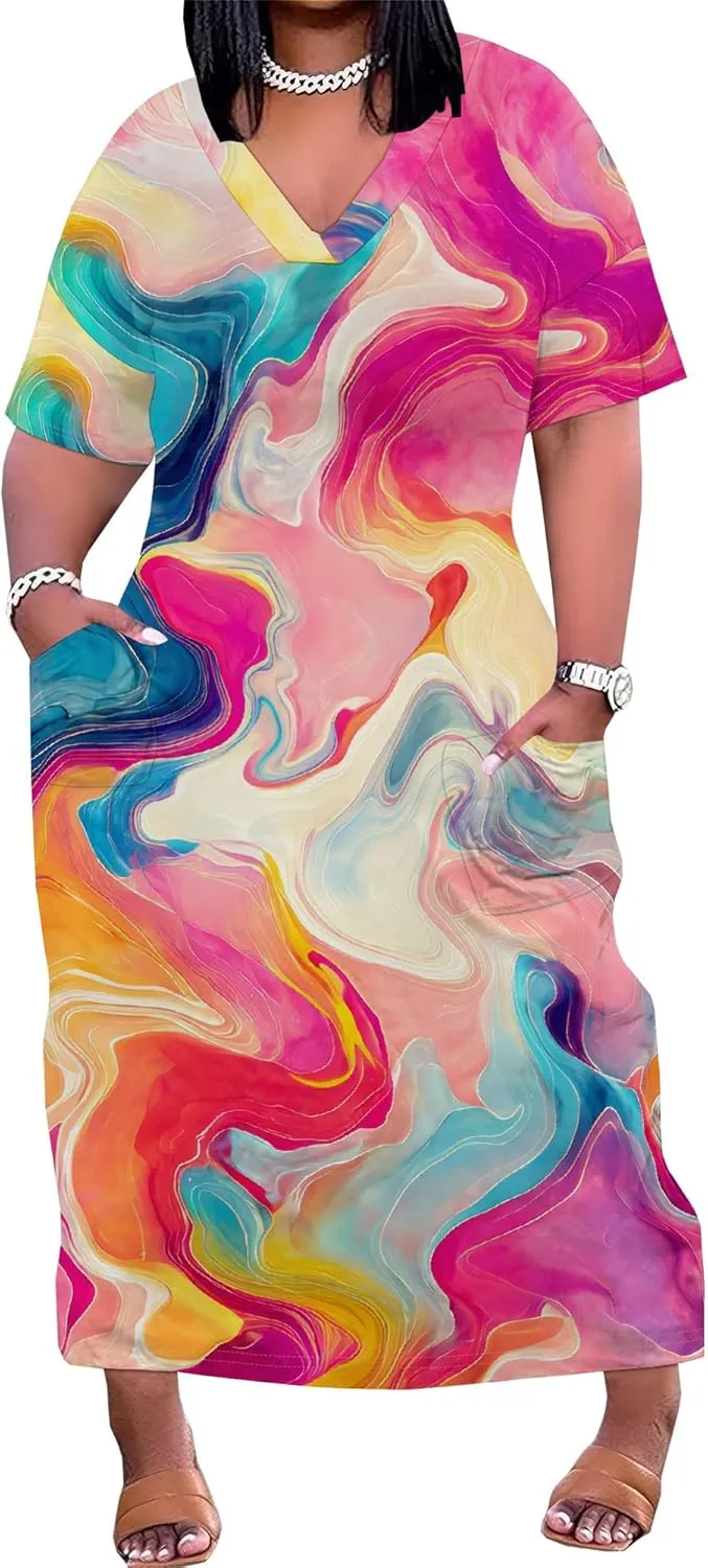 Women's Plus Size African Print Dresses Casual Loose Pocket Short Sleeve Long Maxi Dress
