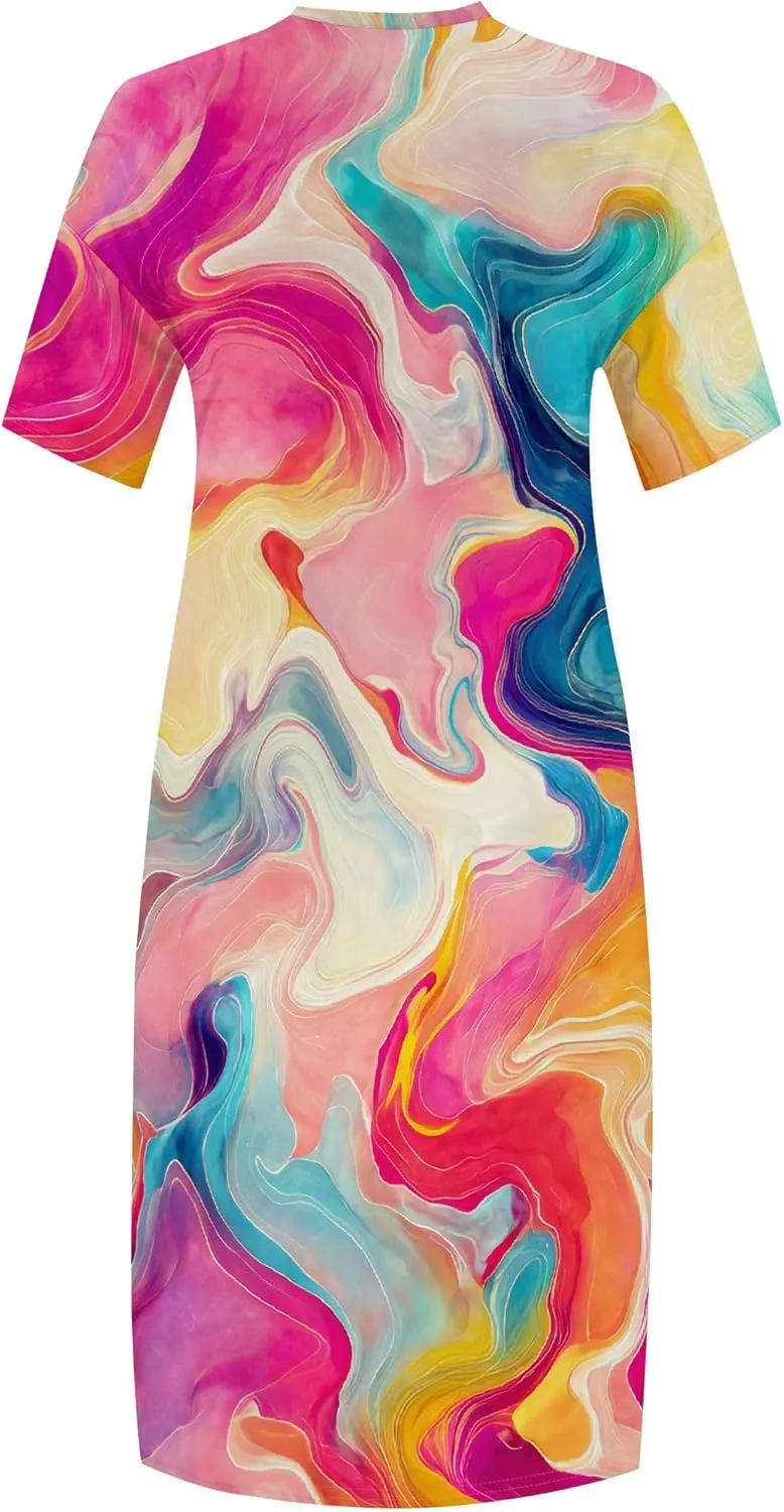 Women's Plus Size African Print Dresses Casual Loose Pocket Short Sleeve Long Maxi Dress