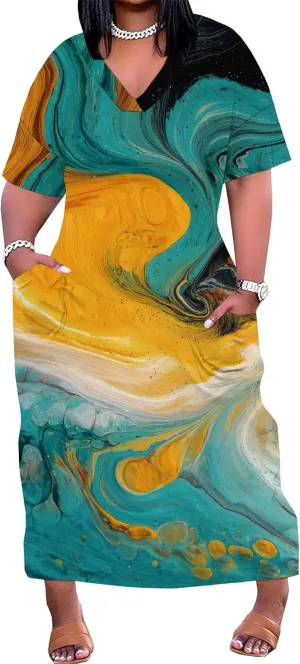 Women's Plus Size African Print Dresses Casual Loose Pocket Short Sleeve Long Maxi Dress
