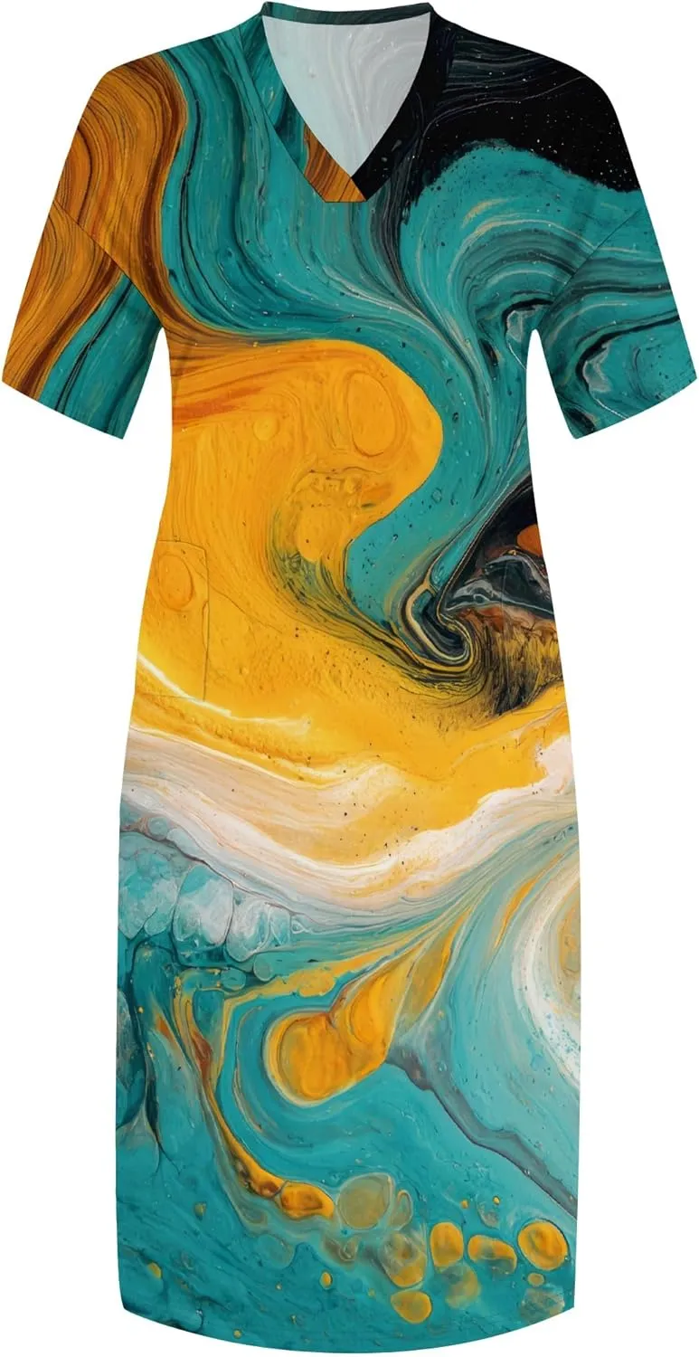 Women's Plus Size African Print Dresses Casual Loose Pocket Short Sleeve Long Maxi Dress