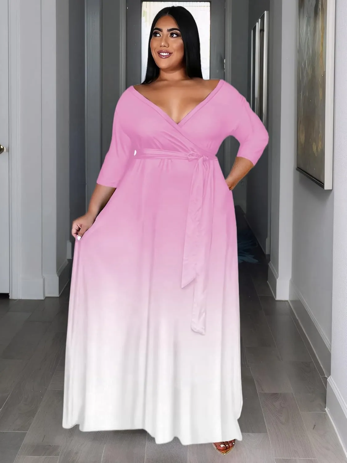 Women's Plus Size Long Maxi Wrap Dresses V Neck 3/4 Sleeve Summer Sundress with Belt