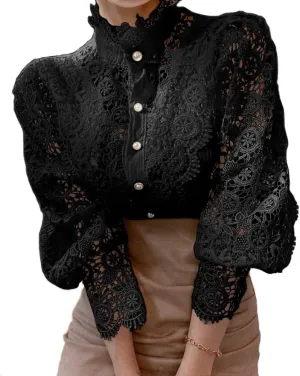 Womens Stand Collar Lace Patchwork Shirts Casual Hollow Out Flower Petal Sleeve Button Tops