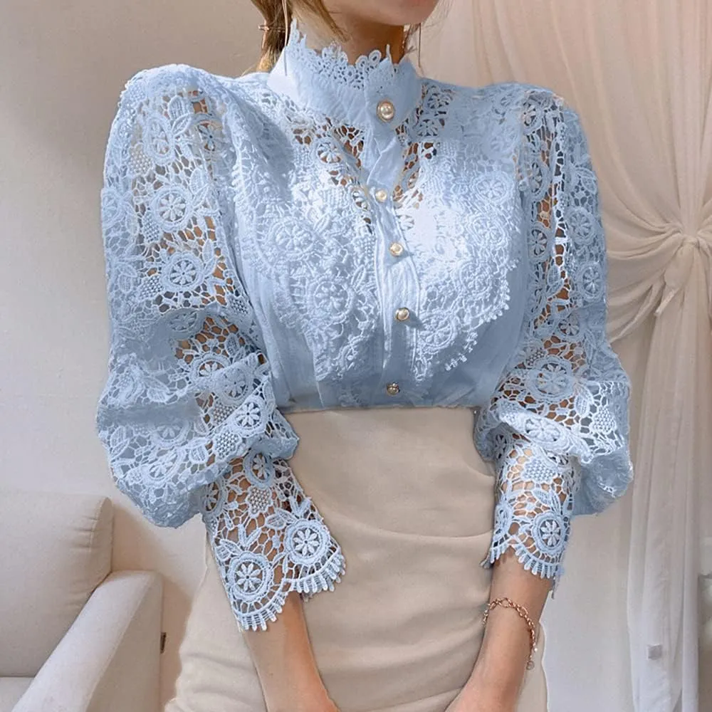 Womens Stand Collar Lace Patchwork Shirts Casual Hollow Out Flower Petal Sleeve Button Tops
