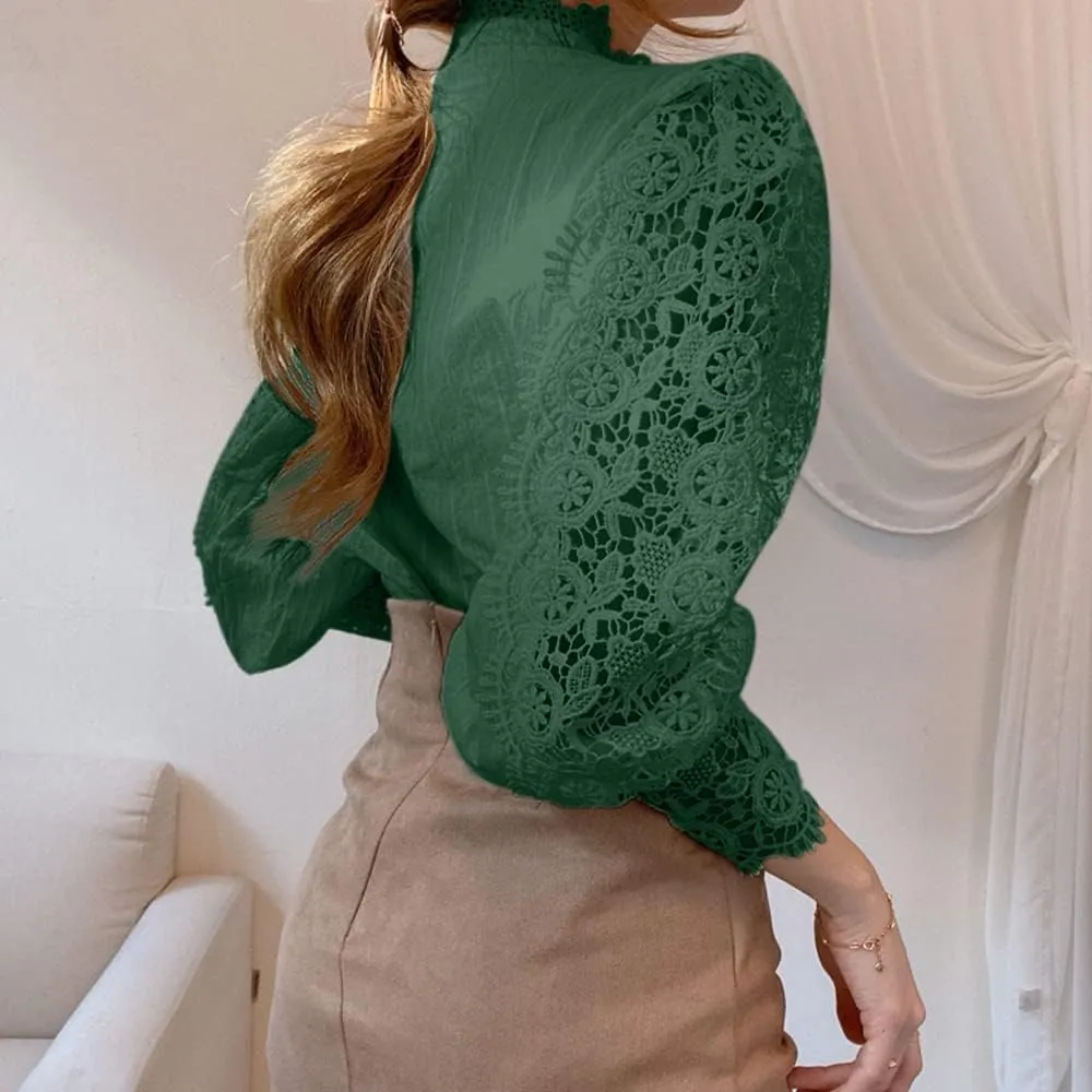 Womens Stand Collar Lace Patchwork Shirts Casual Hollow Out Flower Petal Sleeve Button Tops