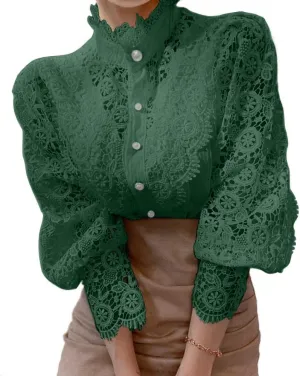Womens Stand Collar Lace Patchwork Shirts Casual Hollow Out Flower Petal Sleeve Button Tops