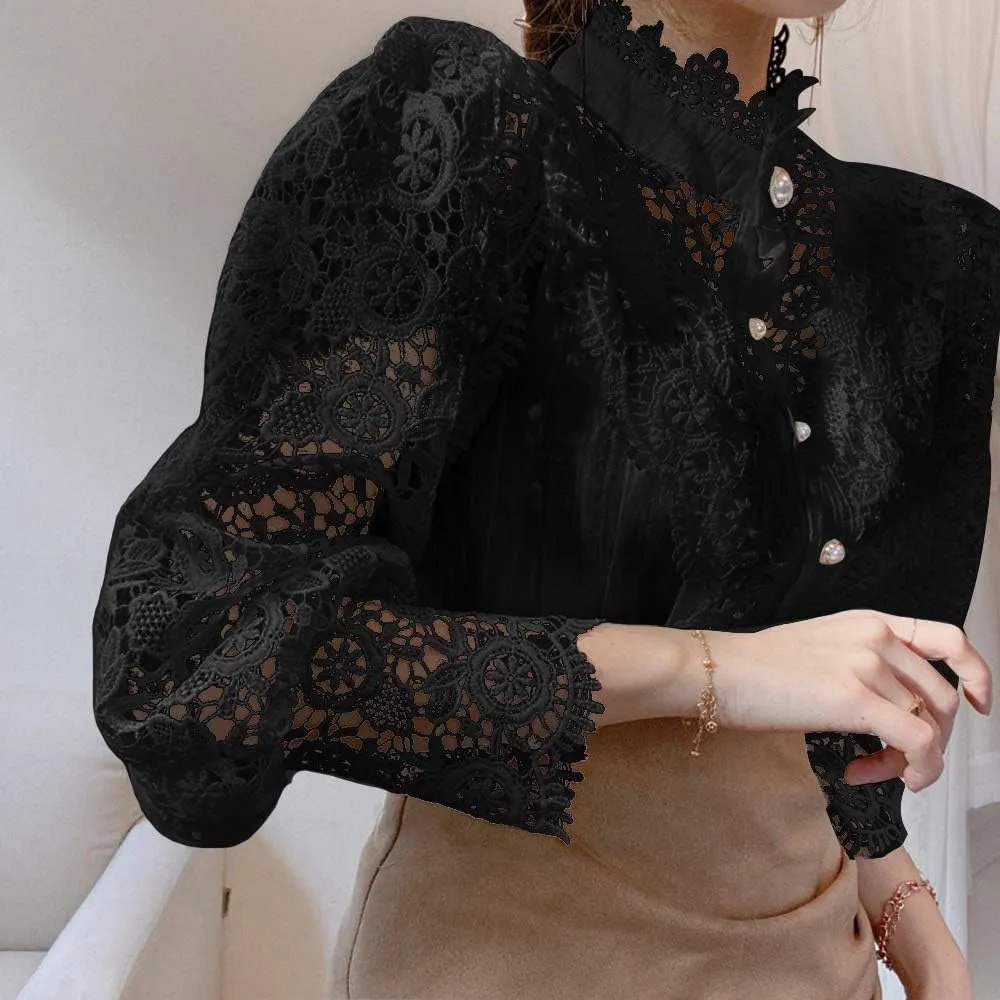 Womens Stand Collar Lace Patchwork Shirts Casual Hollow Out Flower Petal Sleeve Button Tops