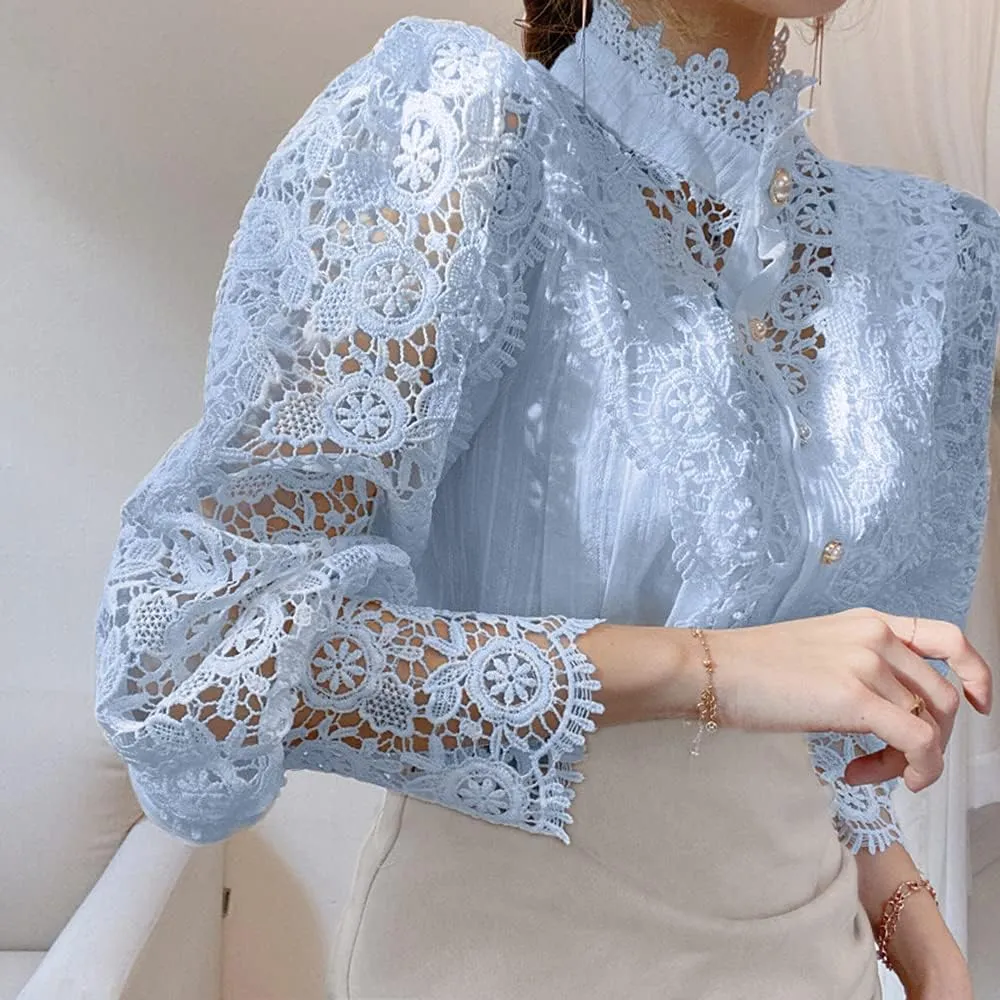 Womens Stand Collar Lace Patchwork Shirts Casual Hollow Out Flower Petal Sleeve Button Tops