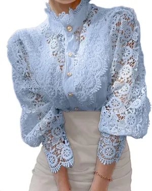 Womens Stand Collar Lace Patchwork Shirts Casual Hollow Out Flower Petal Sleeve Button Tops