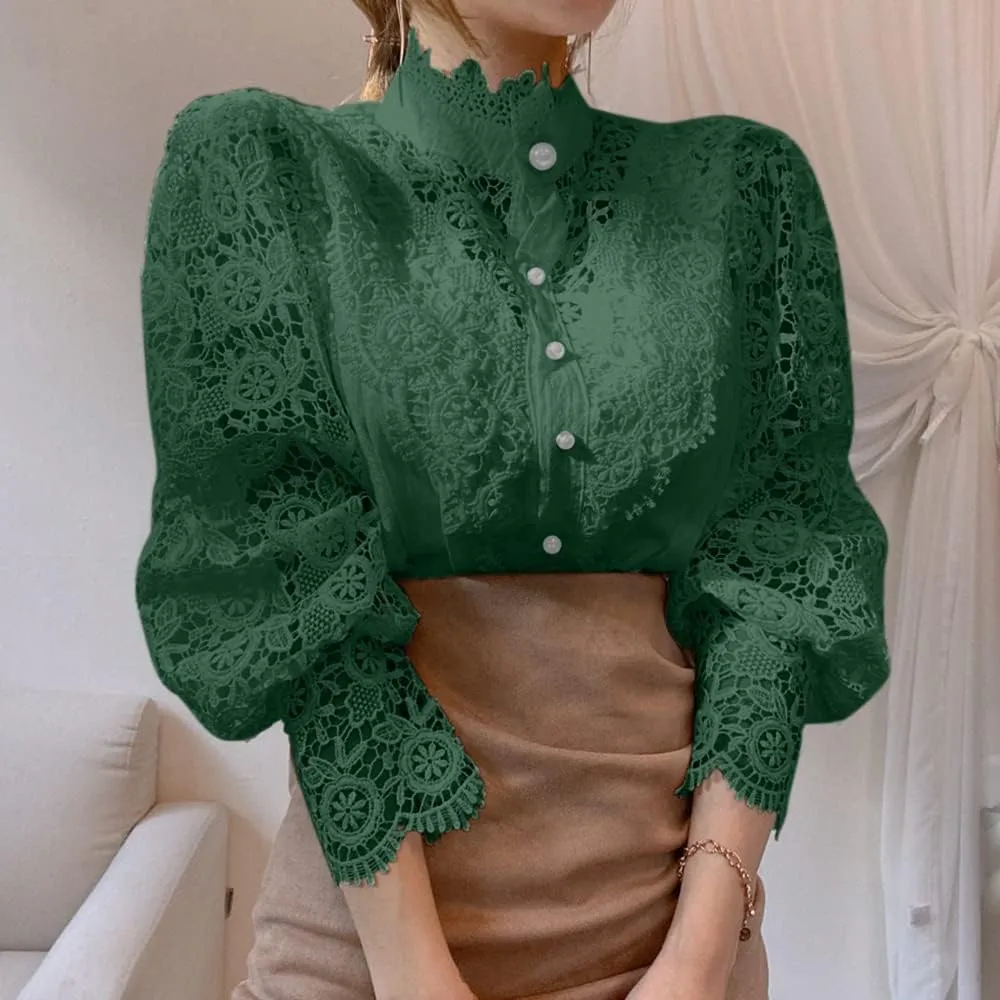 Womens Stand Collar Lace Patchwork Shirts Casual Hollow Out Flower Petal Sleeve Button Tops