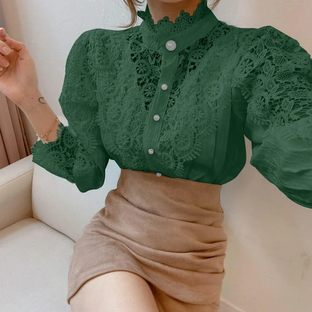 Womens Stand Collar Lace Patchwork Shirts Casual Hollow Out Flower Petal Sleeve Button Tops