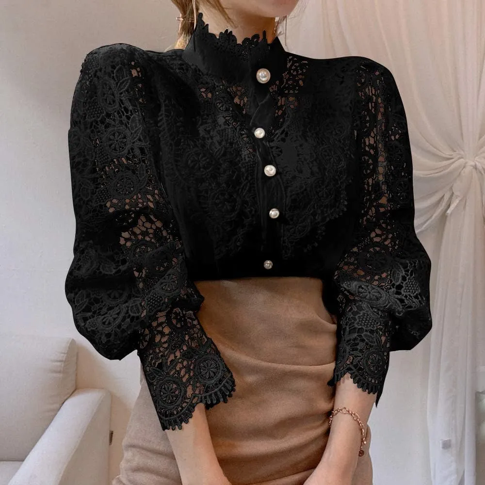 Womens Stand Collar Lace Patchwork Shirts Casual Hollow Out Flower Petal Sleeve Button Tops