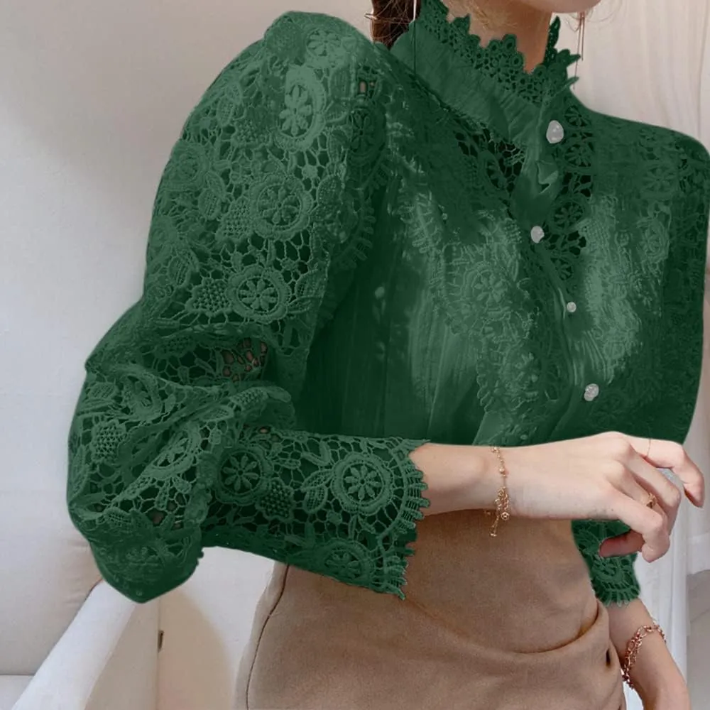 Womens Stand Collar Lace Patchwork Shirts Casual Hollow Out Flower Petal Sleeve Button Tops