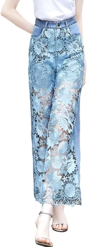 Women's Summer Lace Hollow Patchwork Ripped High Waisted Jeans Casual Vintage Baggy Straight Wide Leg Denim Pants