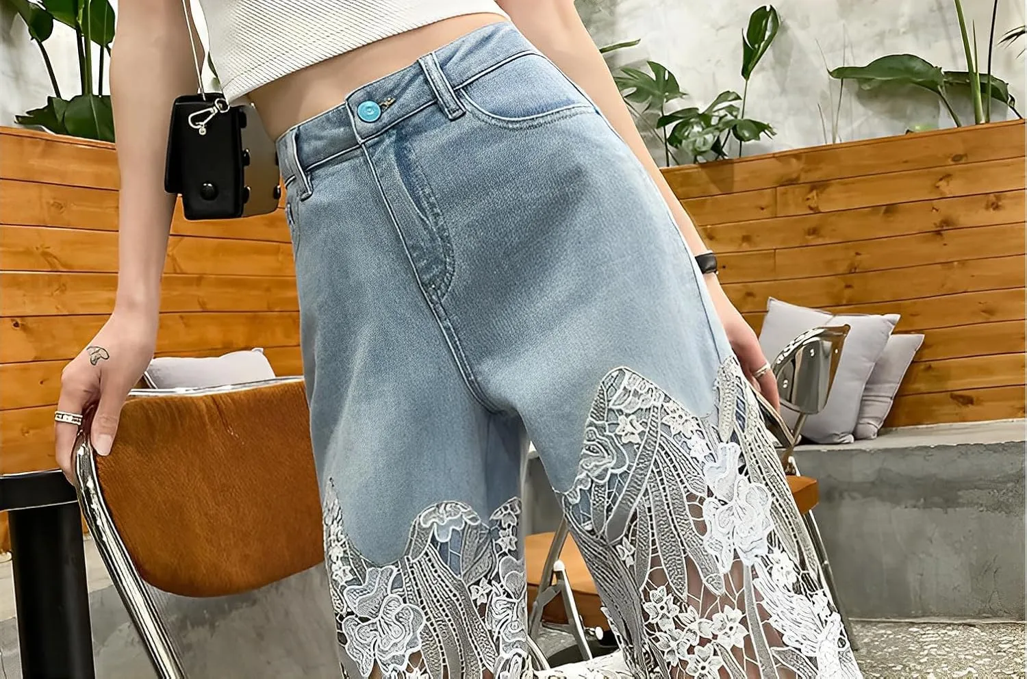Women's Summer Lace Hollow Patchwork Ripped High Waisted Jeans Casual Vintage Baggy Straight Wide Leg Denim Pants