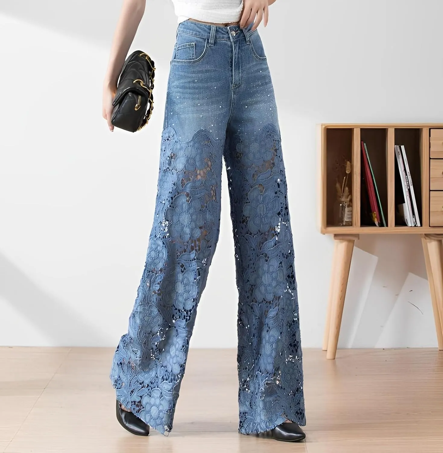 Women's Summer Lace Hollow Patchwork Ripped High Waisted Jeans Casual Vintage Baggy Straight Wide Leg Denim Pants