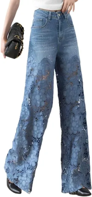 Women's Summer Lace Hollow Patchwork Ripped High Waisted Jeans Casual Vintage Baggy Straight Wide Leg Denim Pants