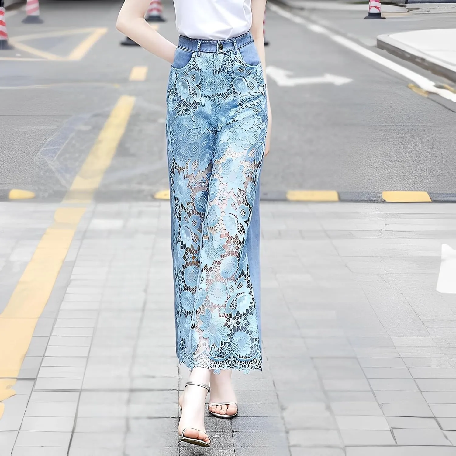 Women's Summer Lace Hollow Patchwork Ripped High Waisted Jeans Casual Vintage Baggy Straight Wide Leg Denim Pants