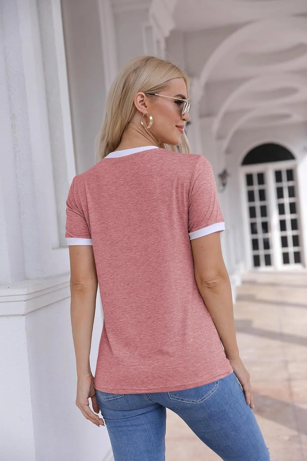 Womens T Shirt Short Sleeve Crew Neck Basic Color Block Tee Tops