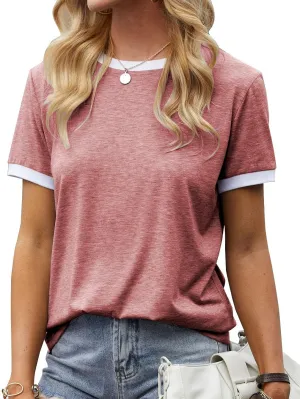 Womens T Shirt Short Sleeve Crew Neck Basic Color Block Tee Tops