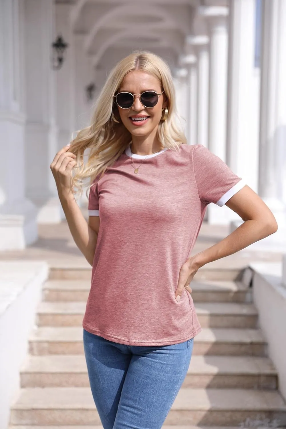 Womens T Shirt Short Sleeve Crew Neck Basic Color Block Tee Tops