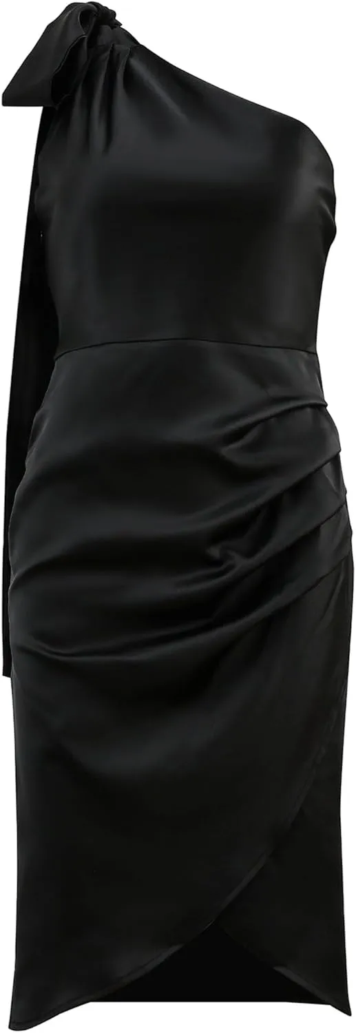 Xintianji Women's Satin One Shoulder Strap Bodycon Mini Dress Party Club Wedding Sid Zip Ruched Dresses