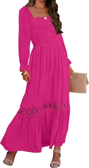 ZESICA Women's 2025 Boho Long Sleeve Square Neck Smocked High Waist Flowy A Line Lace Trim Maxi Dress