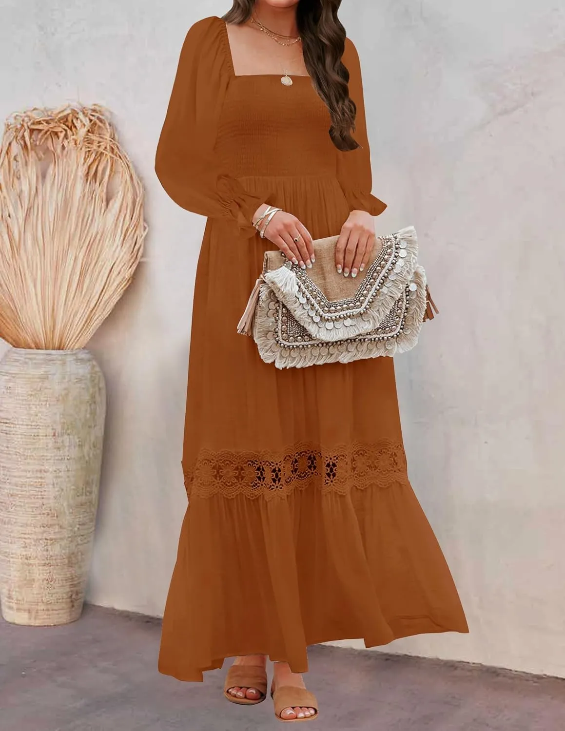 ZESICA Women's 2025 Boho Long Sleeve Square Neck Smocked High Waist Flowy A Line Lace Trim Maxi Dress