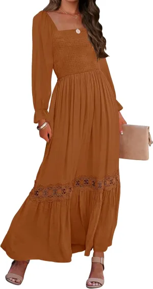 ZESICA Women's 2025 Boho Long Sleeve Square Neck Smocked High Waist Flowy A Line Lace Trim Maxi Dress