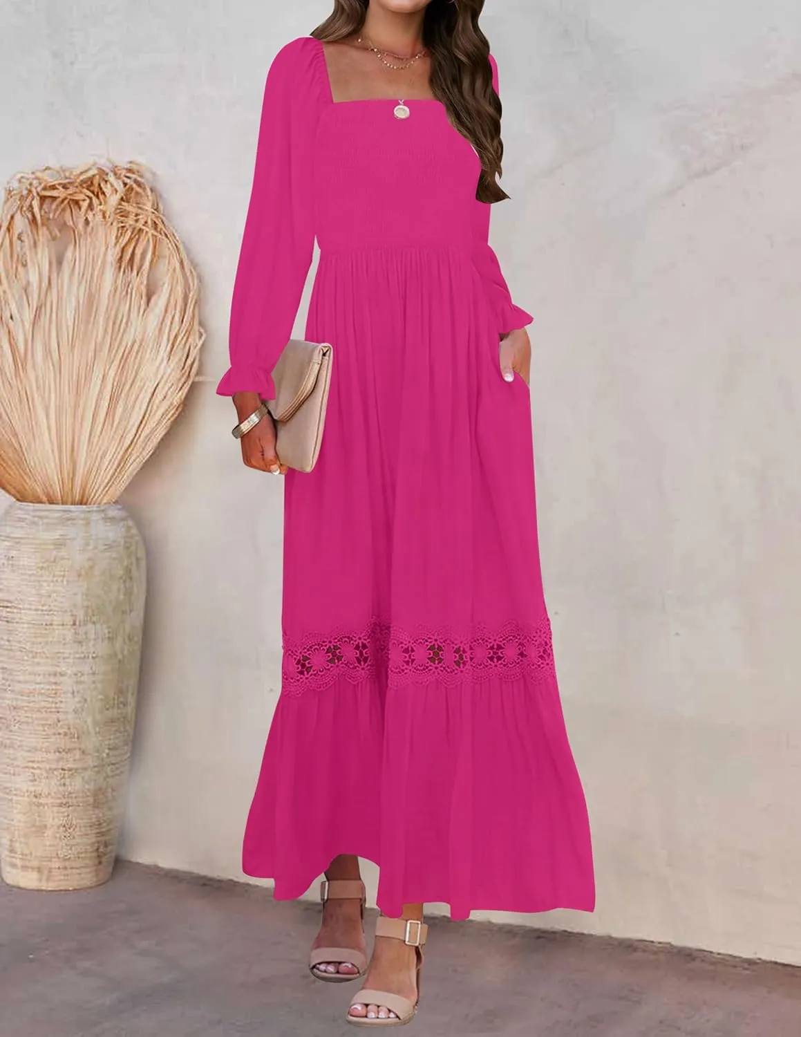 ZESICA Women's 2025 Boho Long Sleeve Square Neck Smocked High Waist Flowy A Line Lace Trim Maxi Dress