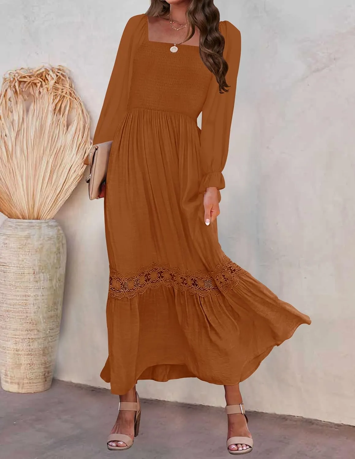 ZESICA Women's 2025 Boho Long Sleeve Square Neck Smocked High Waist Flowy A Line Lace Trim Maxi Dress