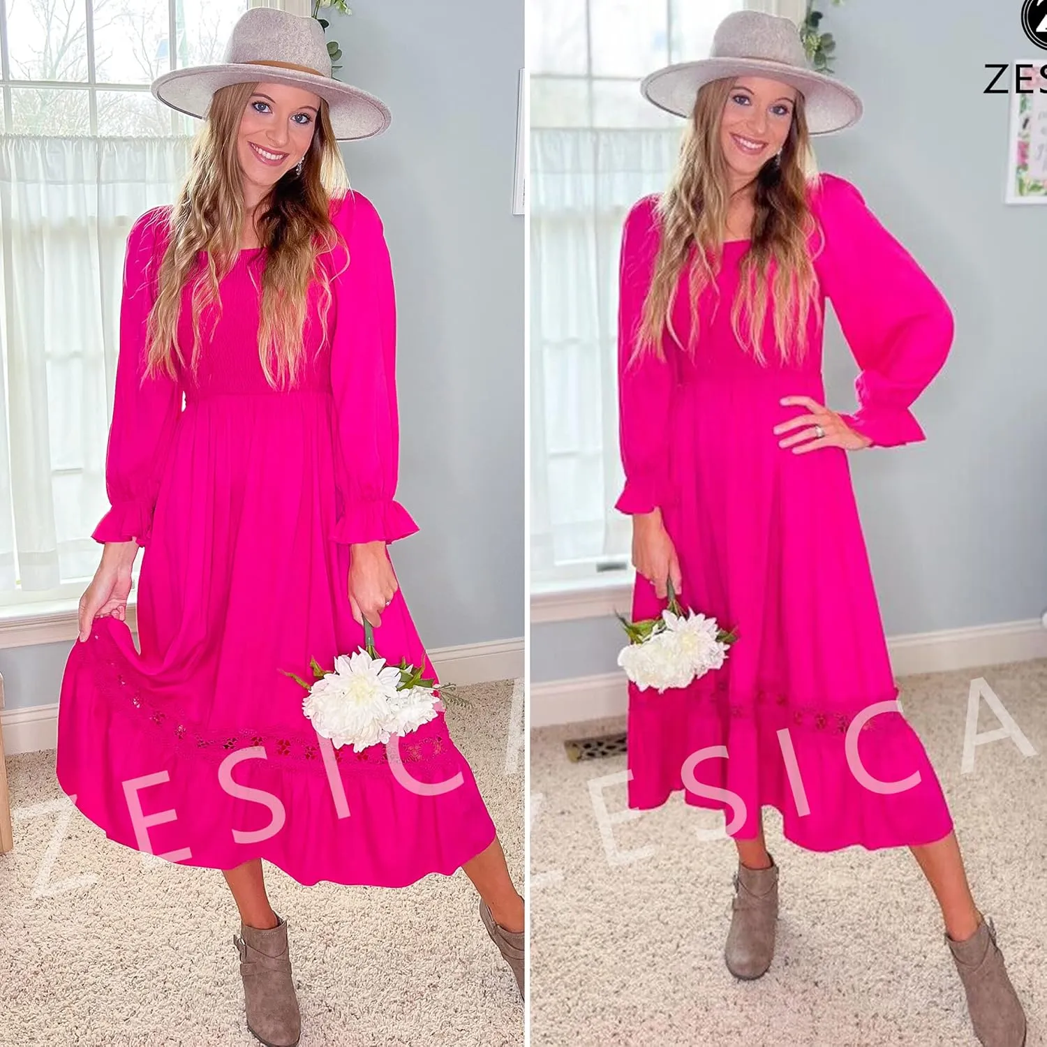 ZESICA Women's 2025 Boho Long Sleeve Square Neck Smocked High Waist Flowy A Line Lace Trim Maxi Dress
