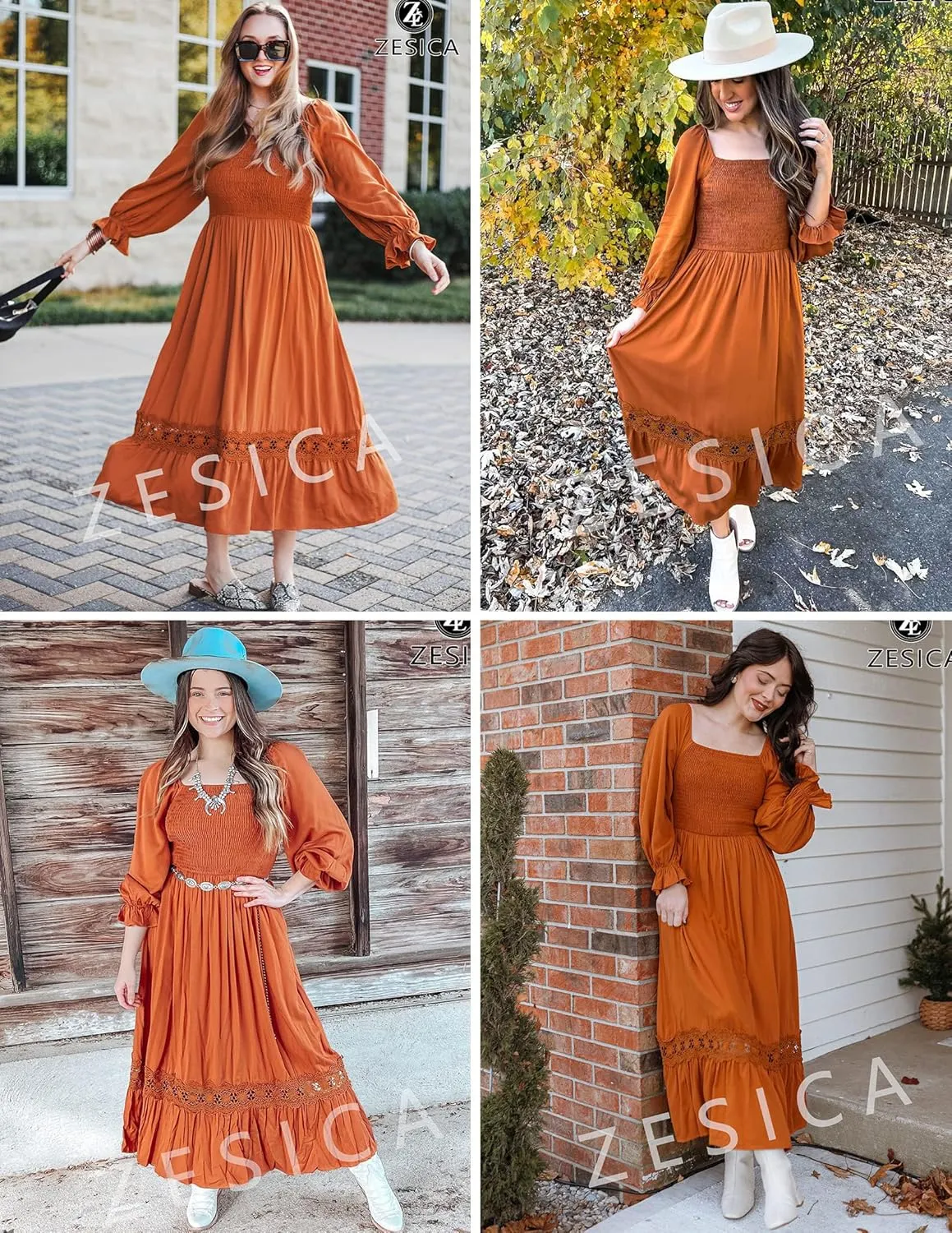 ZESICA Women's 2025 Boho Long Sleeve Square Neck Smocked High Waist Flowy A Line Lace Trim Maxi Dress