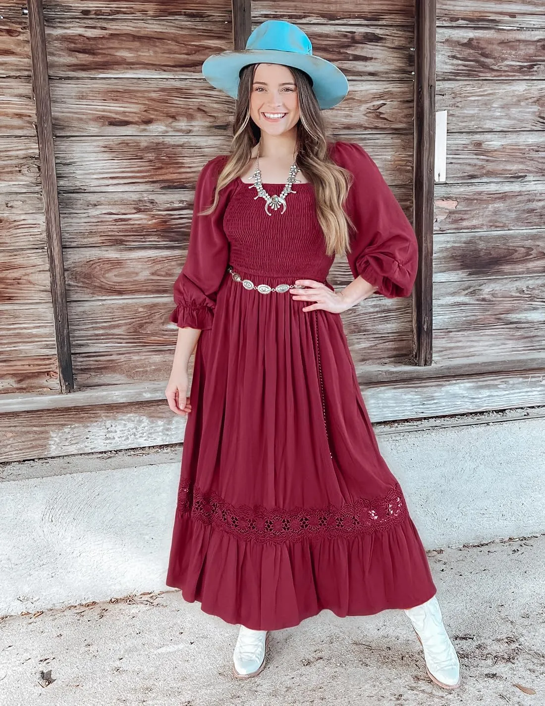 ZESICA Women's 2025 Boho Long Sleeve Square Neck Smocked High Waist Flowy A Line Lace Trim Maxi Dress