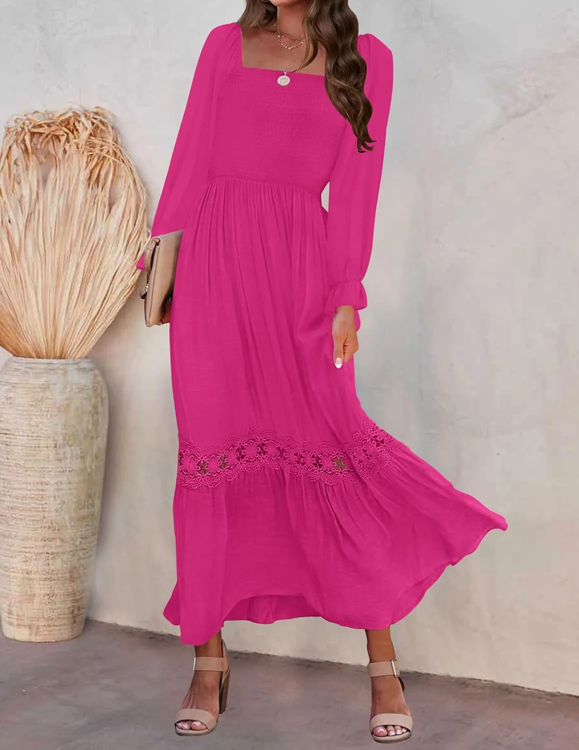 ZESICA Women's 2025 Boho Long Sleeve Square Neck Smocked High Waist Flowy A Line Lace Trim Maxi Dress
